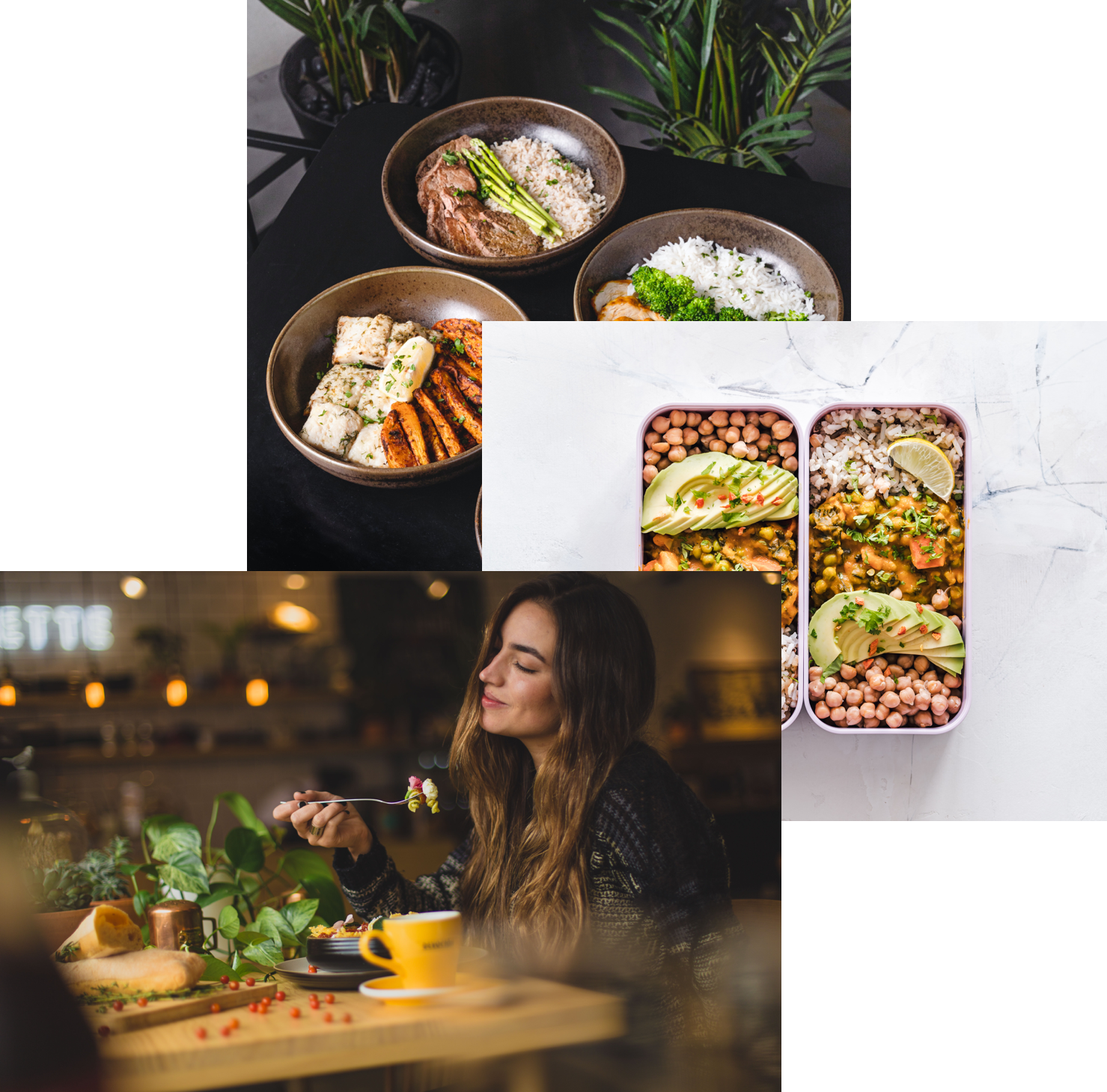 Woman enjoying food, meals in storage container and food bowls on the table.